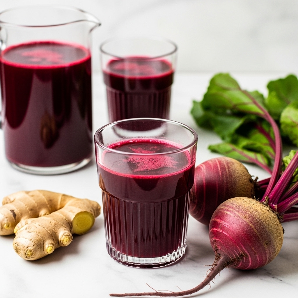 The image shows a clear glass filled with a dark red liquid, likely beet juice, with vertical ridges around its middle. Behind it, there is another similar glass filled with the same red juice. To the left, a dark red pitcher holds more of the juice. In the foreground, fresh ginger root with a light brown skin and two round beets with rough pinkish skin lie on a white marbled surface. A few green beet leaves with red stems rest near the beets. The colors are rich and natural, with the deep red juice standing out against the clean white marbled background. photo taken with an iphone --ar 4:5 --v 7