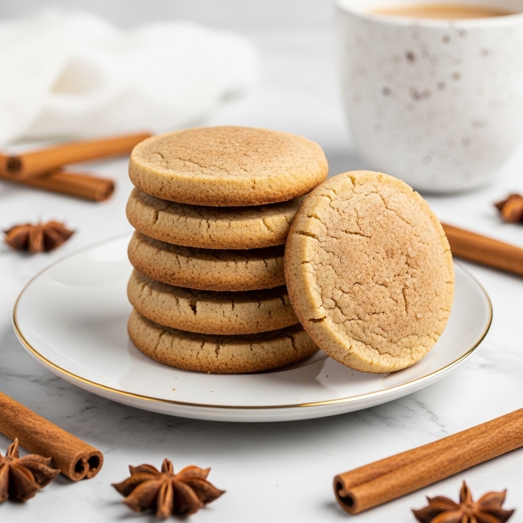 A stack of five light brown, round cinnamon cookies with a smooth texture and slight speckles on top sits in the center of a white plate with a gold rim, with one cookie slightly leaning on the plate. The cookies have a soft, slightly raised appearance with darker brown edges. Around the plate, there are several cinnamon sticks and star anise scattered on a white marbled surface. In the blurred background, there is a white speckled cup with a light brown beverage inside. photo taken with an iphone --ar 4:5 --v 7