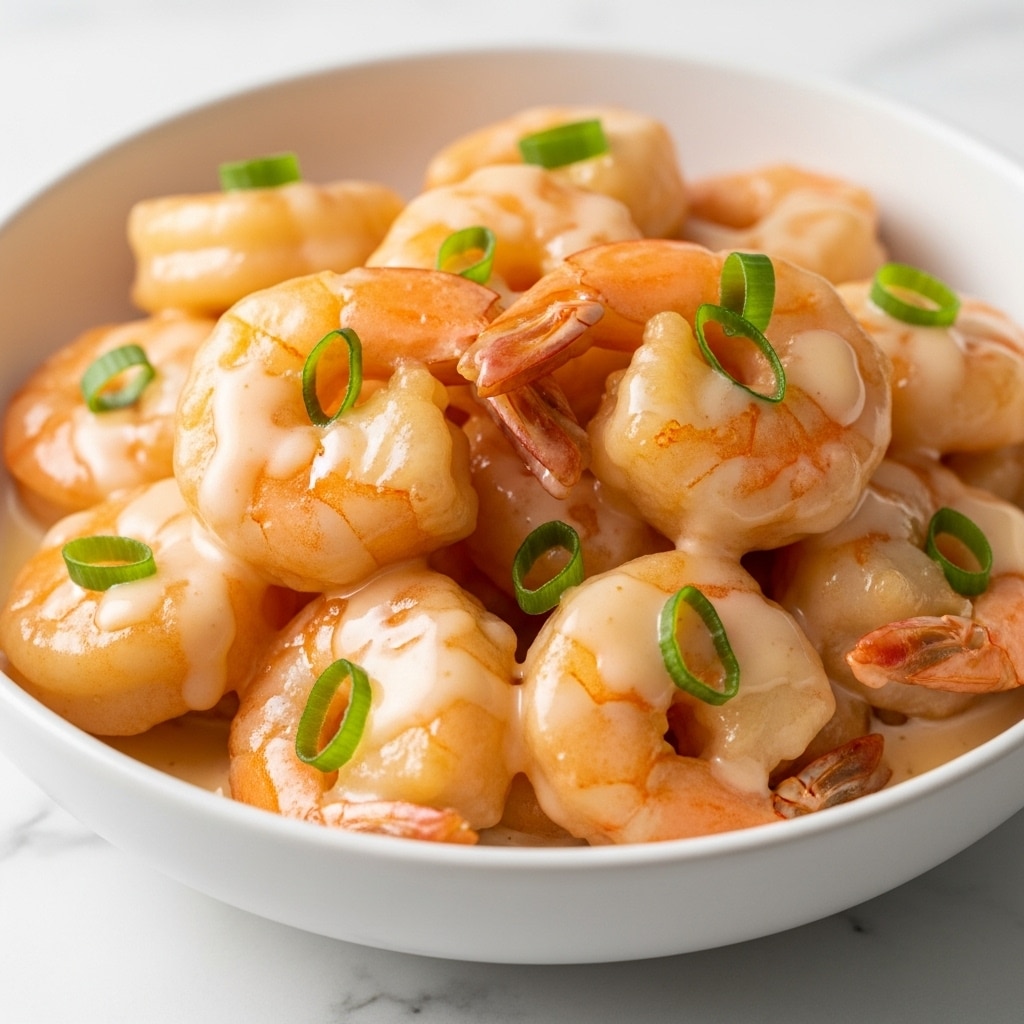 A close-up view of a white bowl filled with golden-fried shrimp coated in a creamy, glossy sauce, topped with small green onion rings that add a pop of color. The shrimp have a light, crispy texture with a slightly pink-orange hue visible through the sauce. The creamy sauce looks smooth and rich, covering the shrimp evenly and pooling slightly in the bowl. The bowl rests on a white marbled surface. photo taken with an iphone --ar 4:5 --v 7