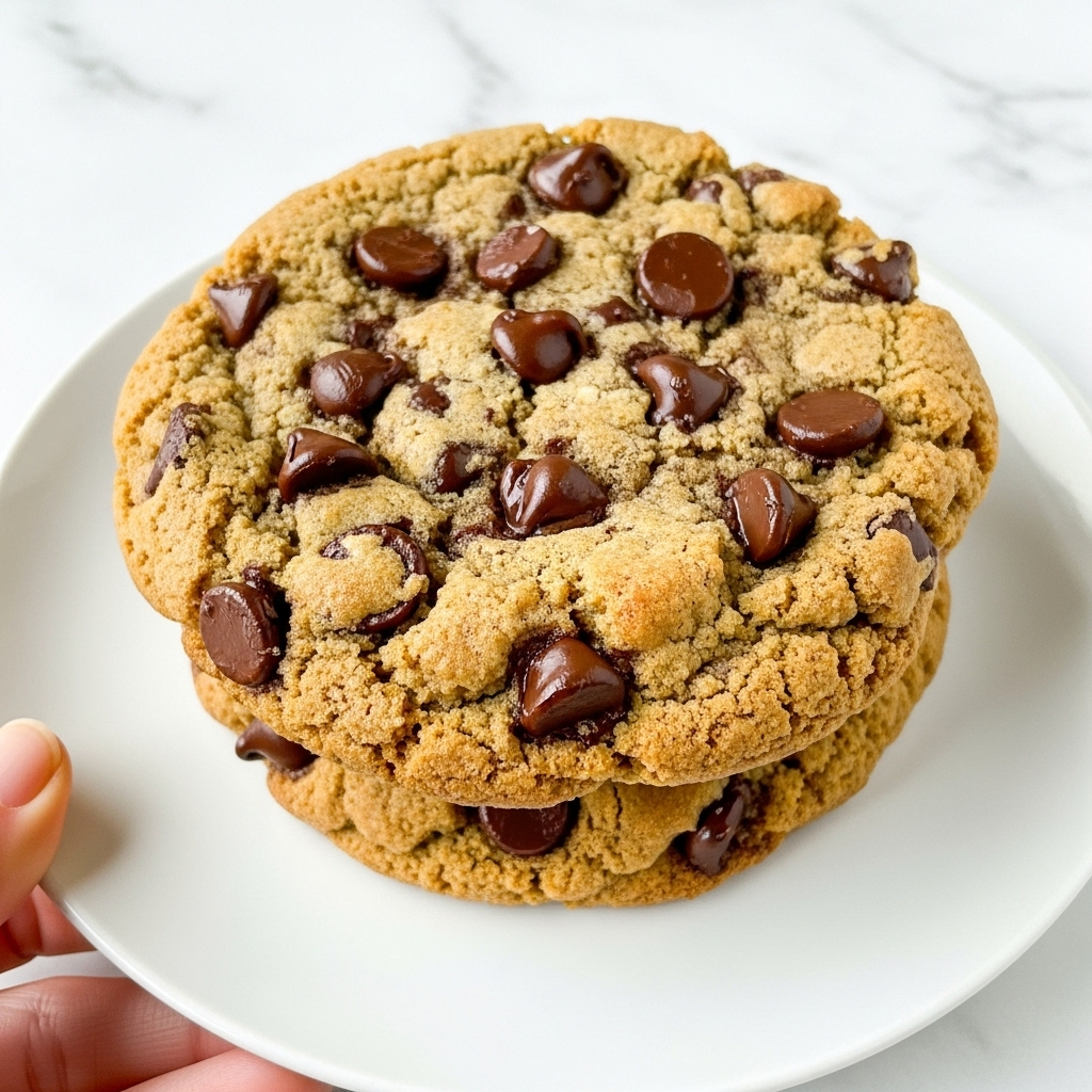 The image shows a close-up of two thick chocolate chip cookies stacked on a white plate. The top cookie is golden brown with a rough, crumbly texture and is packed with semi-melted dark chocolate chips, some slightly sunken into the cookie while others sit on top. The edges are crispy and slightly darker, while the center looks soft and chewy. A woman's hand is holding the bottom left side of the plate lightly. The background has a clean white marbled texture. photo taken with an iphone --ar 4:5 --v 7