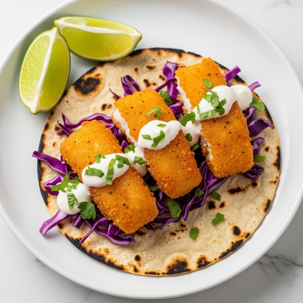 The image shows a taco with three pieces of crispy, golden-brown fried fish on top. Underneath the fish, there is a layer of thinly sliced purple cabbage and small bits of green herbs scattered on top. A creamy white sauce is drizzled over the fish and cabbage. The taco is made with a slightly charred white corn tortilla, placed on a white plate with two lime wedges in the top left corner. The surface under the plate has a white marbled texture. photo taken with an iphone --ar 4:5 --v 7