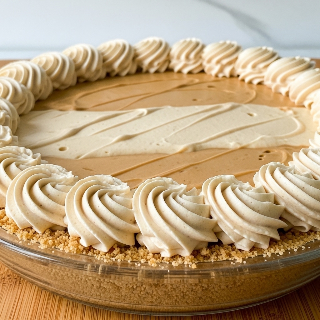 A close-up of a pie with three visible layers: a light golden crumb crust at the bottom, a smooth light brown filling in the middle with soft diagonal lines on top, and a thick, pale beige whipped cream swirl border piped around the edge, all in a clear pie tin on a wooden surface. photo taken with an iphone --ar 4:5 --v 7