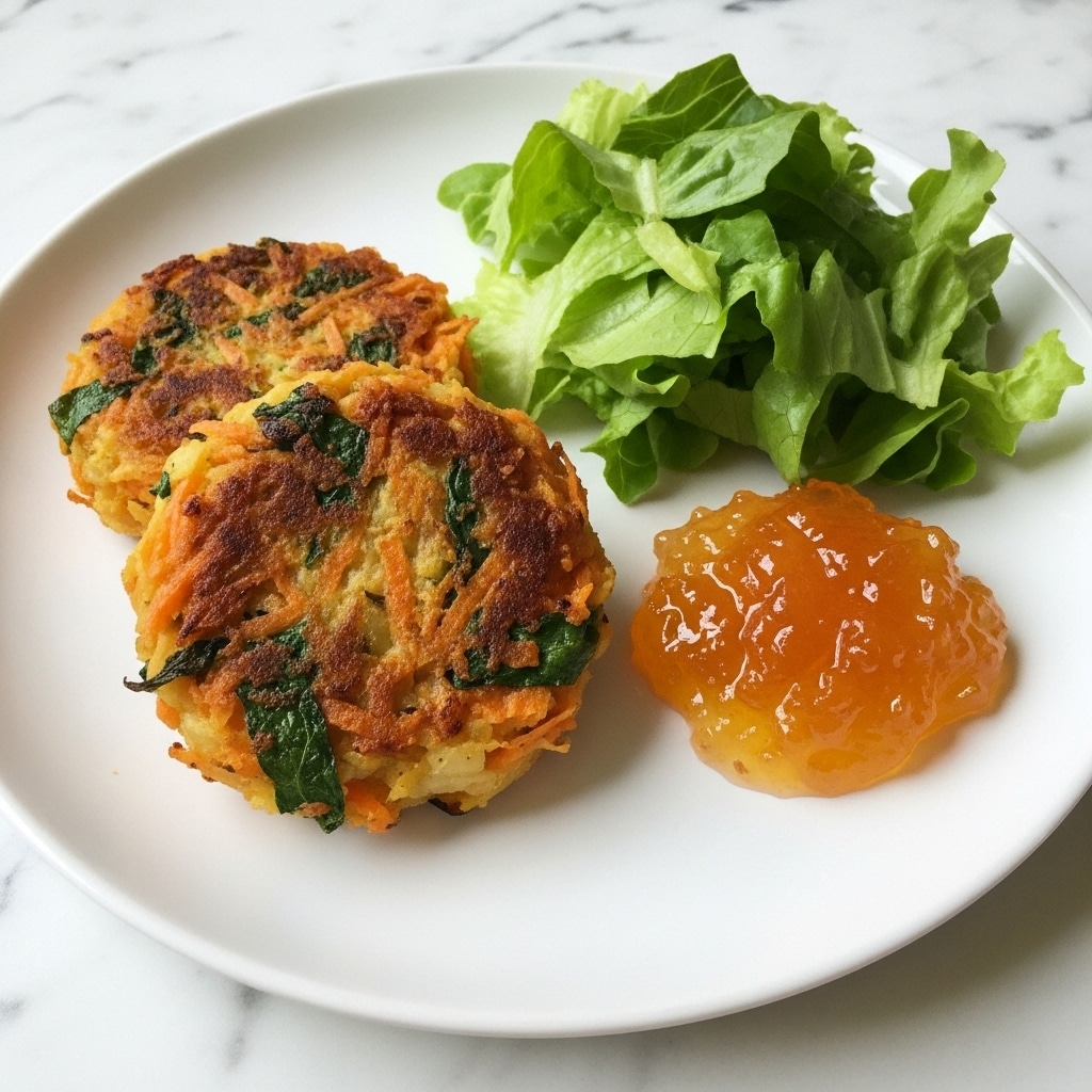 The image shows two golden-brown patties with a crispy texture, made from shredded vegetables including orange carrot and green leafy bits, all mixed together and cooked until slightly browned on top. The patties are positioned on the left side of a white plate, next to a small pile of fresh green lettuce leaves on the right side. Beside the lettuce, there is a glossy mound of bright orange jelly or jam, adding a smooth contrast to the dish. The entire plate rests on a white marbled surface. photo taken with an iphone --ar 4:5 --v 7