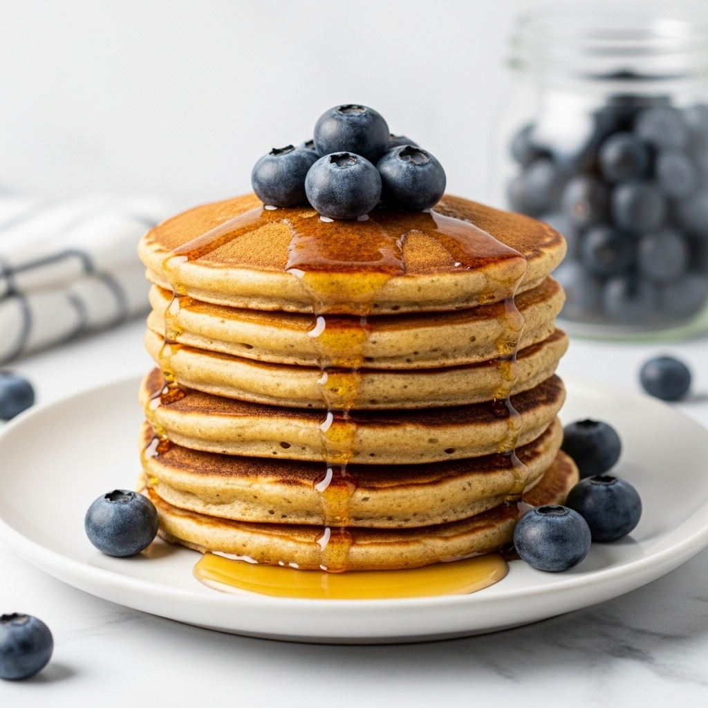 A stack of five golden-brown pancakes sits at the center of a white plate on a white marbled surface, each pancake fluffy with slightly crisp edges and evenly layered on top of each other. A small pile of fresh, plump blueberries with a soft matte finish decorates the very top pancake, with a few scattered around the plate for added detail. A light drizzle of syrup gives the pancakes a shiny golden glaze that catches the light, pooling slightly around the base. In the background, a clear glass jar holds more blueberries, slightly blurred to keep focus on the pancakes. Photo taken with an iphone --ar 4:5 --v 7
