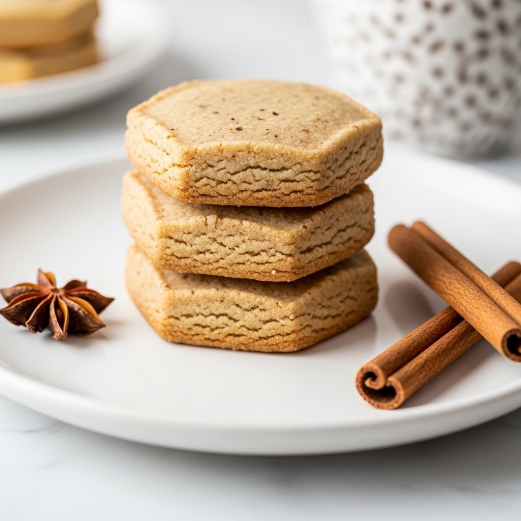 A stack of three light brown, hexagon-shaped cookies with a smooth and slightly grainy texture is neatly placed in the center of a white plate. The cookies have slightly darker edges and fine specks scattered across their surface. To the left of the stack, there is a star anise pod, and in the foreground on the right, two cinnamon sticks lay diagonally on the white marbled surface underneath the plate. The background includes a cup with a white and brown pattern, softly blurred to keep focus on the cookies. photo taken with an iphone --ar 4:5 --v 7