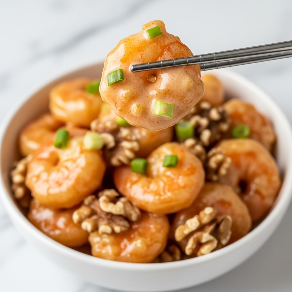 A close-up of a single shrimp covered in a creamy, light orange sauce with small pieces of green onion, held by metal chopsticks above a white bowl filled with more shrimp coated in the same sauce, mixed with walnut pieces and garnished with green onion slices, all sitting on a white marbled surface. The shrimp have a glossy texture with a soft coating, and the walnuts add a rough, textured contrast beneath the smooth shrimp. Photo taken with an iphone --ar 4:5 --v 7