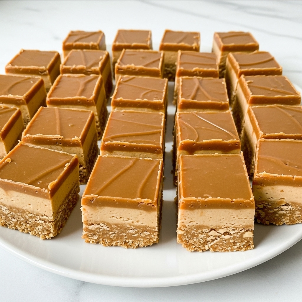 The image shows a white plate filled with nineteen pieces of smooth caramel fudge arranged in rows. Each fudge square has two layers: a thick lighter brown base with a crumbly texture and a glossy, slightly darker brown, smooth top layer. The pieces are evenly cut, with clean edges, sitting on a white marbled surface. photo taken with an iphone --ar 4:5 --v 7