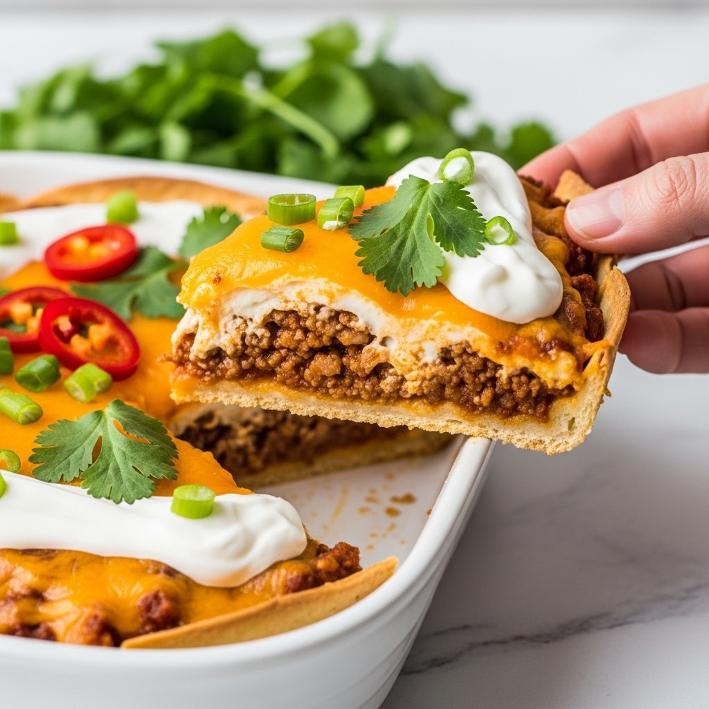 A close-up of a slice of cheesy taco casserole being lifted out from a white baking dish on a white marbled surface. The slice has a crispy, light brown tortilla crust as the base layer, topped with a thick layer of cooked seasoned ground meat mixed with melted cheddar cheese, a layer of creamy sour cream, and garnished with bright green cilantro leaves and chopped green onions. The background shows the rest of the casserole with more green cilantro and slices of red chili pepper visible. Photo taken with an iphone --ar 4:5 --v 7