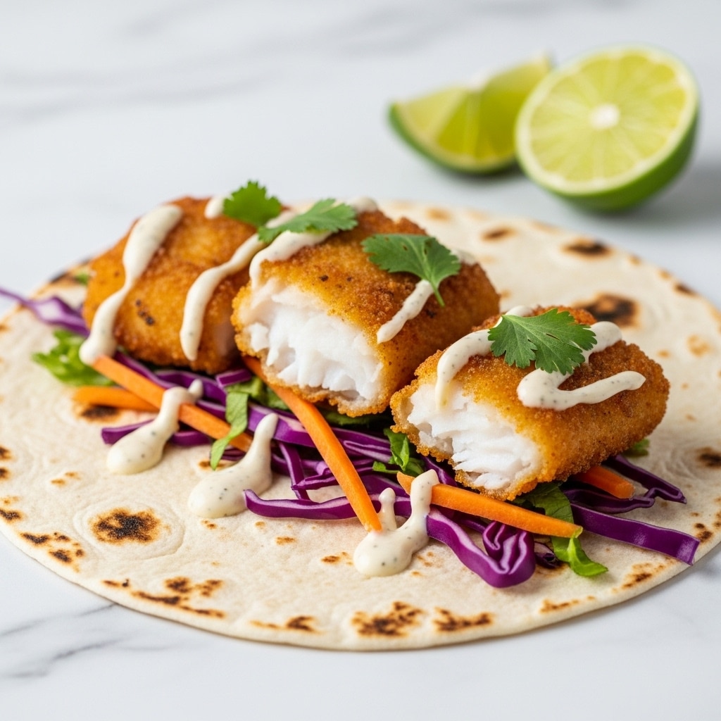 A close-up of a white soft tortilla with light charred edges lying flat on a white marbled surface. On top, there are three pieces of crispy, golden-brown fried fish with a flaky white inside. Under the fish, there is a layer of thin, vibrant purple shredded cabbage and small thin carrot strips. A light creamy white sauce is drizzled over the fish, with tiny green cilantro leaves scattered on top. In the background on the white marbled surface, there are two lime wedges resting behind the tortilla. photo taken with an iphone --ar 4:5 --v 7