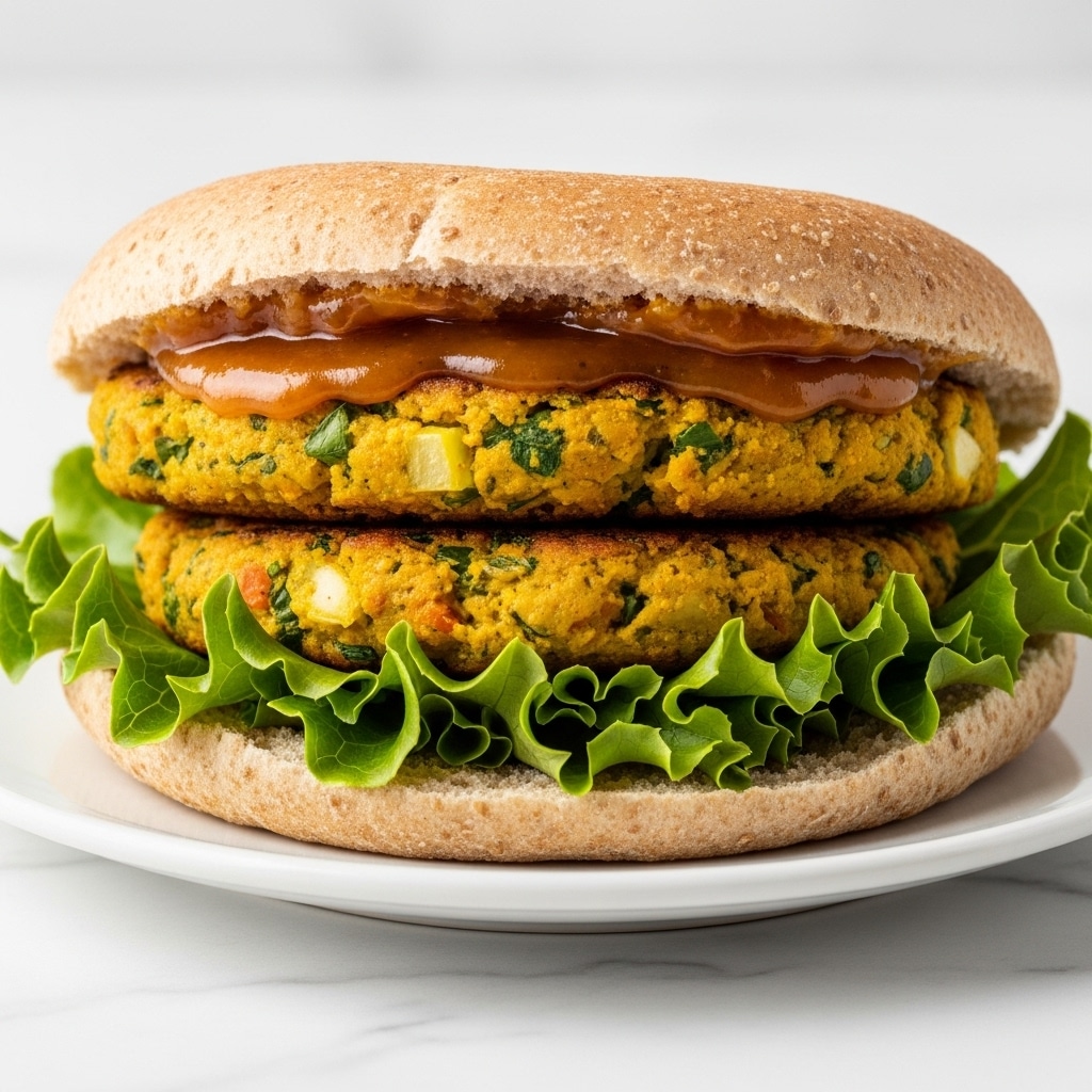 The image shows a sandwich with three main layers inside a whole wheat pita bread, which has a soft and slightly rough texture. The bottom layer is fresh green lettuce, crisp and slightly curled at the edges. Above the lettuce is a thick patty made of a yellow-orange mixture with visible green herbs and small pieces of other vegetables, giving it a chunky texture. On top of the patty is a glossy, amber-colored sauce, spread evenly and slightly dripping over the sides. The sandwich is placed on a white plate set on a white marbled surface. photo taken with an iphone --ar 4:5 --v 7