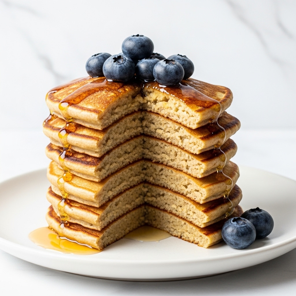 A tall stack of seven golden brown pancakes sits on a white plate, with a section cut out to show the soft, fluffy texture inside each layer. The top pancake is glistening with syrup, and six shiny blueberries are arranged on top, with one blueberry resting on the white plate near the stack. The background is a white marbled texture. photo taken with an iphone --ar 4:5 --v 7