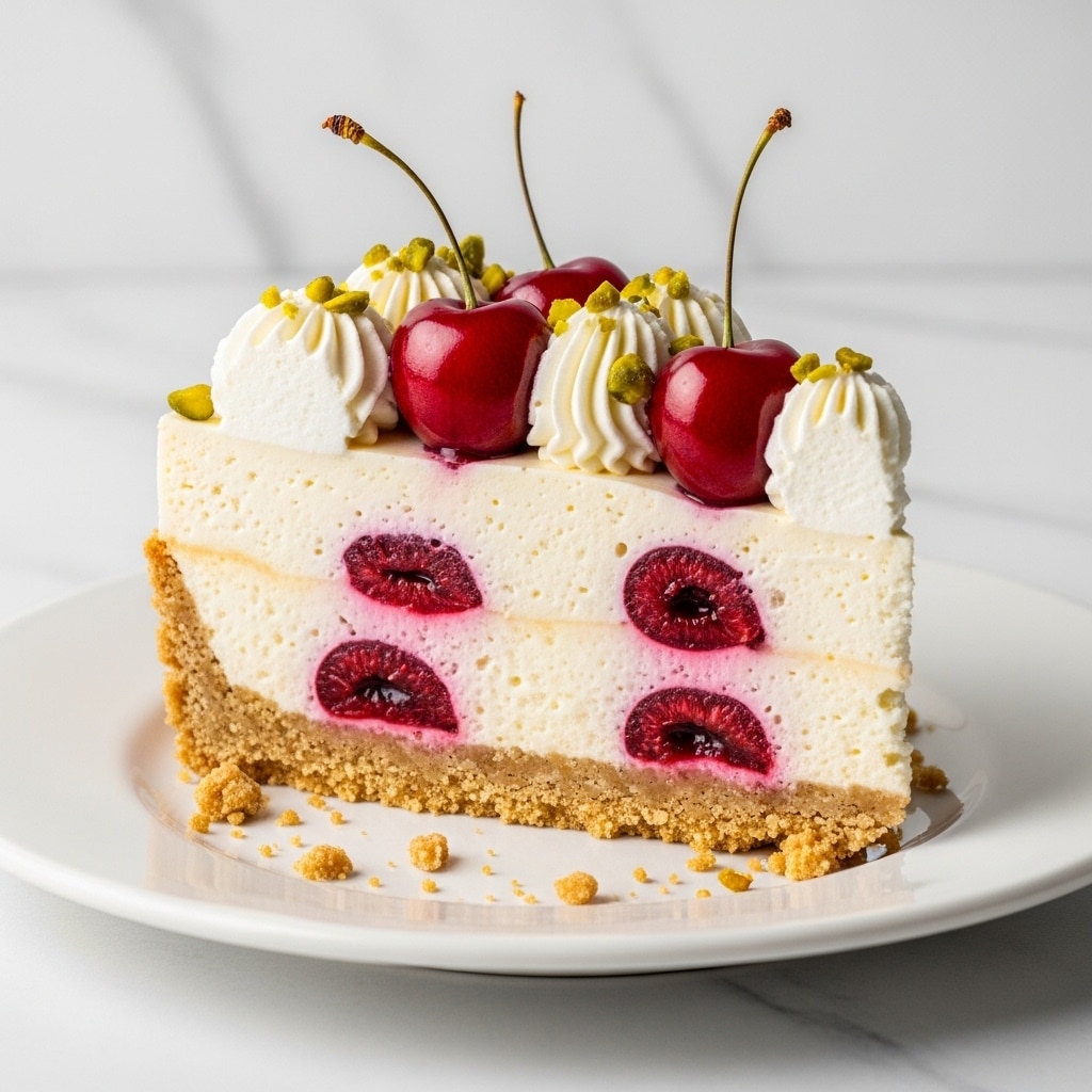 A slice of pie with three visible layers sits on a white plate against a white marbled background. The bottom layer is a crumbly, golden brown crust. Above that is a thick, creamy white layer with small bits of red fruit mixed throughout. The top layer features several glossy, deep red cherries with stems, dollops of white whipped cream, and scattered green pistachio pieces. Some crumbs are sprinkled on the plate around the slice. The photo taken with an iphone --ar 4:5 --v 7
