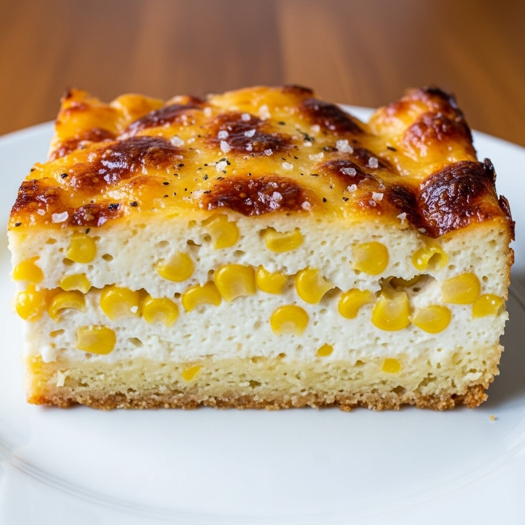 A thick slice of baked corn pudding is shown on a white plate, sitting on a wooden table. The dish has three visible layers: the bottom layer is a golden crust that looks slightly crispy; the middle layer is creamy white with plump, whole yellow corn kernels mixed in; the top layer is a browned, bubbly cheese or sauce with some darker, caramelized spots. Small grains of salt or seasoning are sprinkled on the surface. Photo taken with an iphone --ar 4:5 --v 7