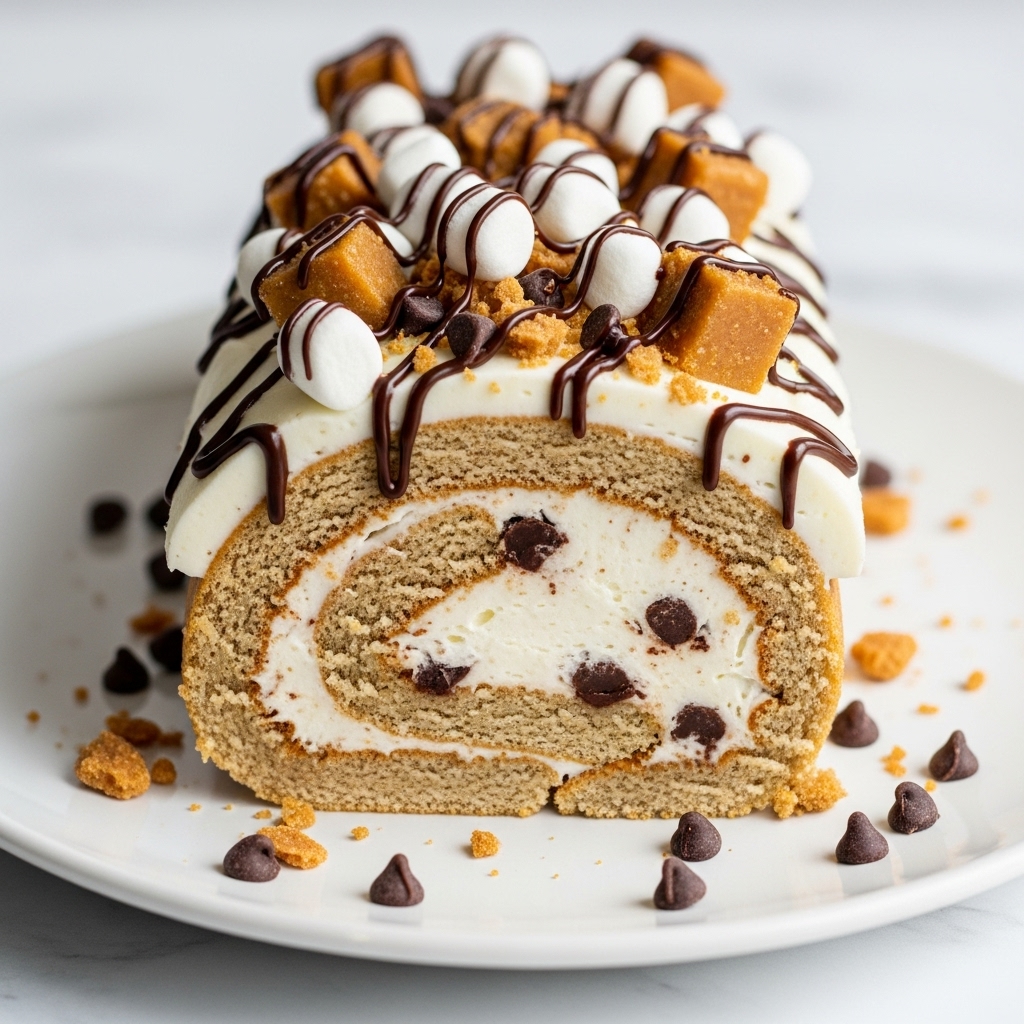 A close-up view of a rolled cake slice shows three main layers: a light brown soft cake outer layer, a thick white creamy filling with chocolate chips and dark brown swirls inside, and a white frosting covering the entire outside. The top is decorated with alternating small white marshmallows and larger square golden-brown toffee pieces, drizzled with dark chocolate syrup in thin lines. Crumbled toffee bits and chocolate chips are scattered on top and around the base on a white plate, all set on a white marbled surface. photo taken with an iphone --ar 4:5 --v 7