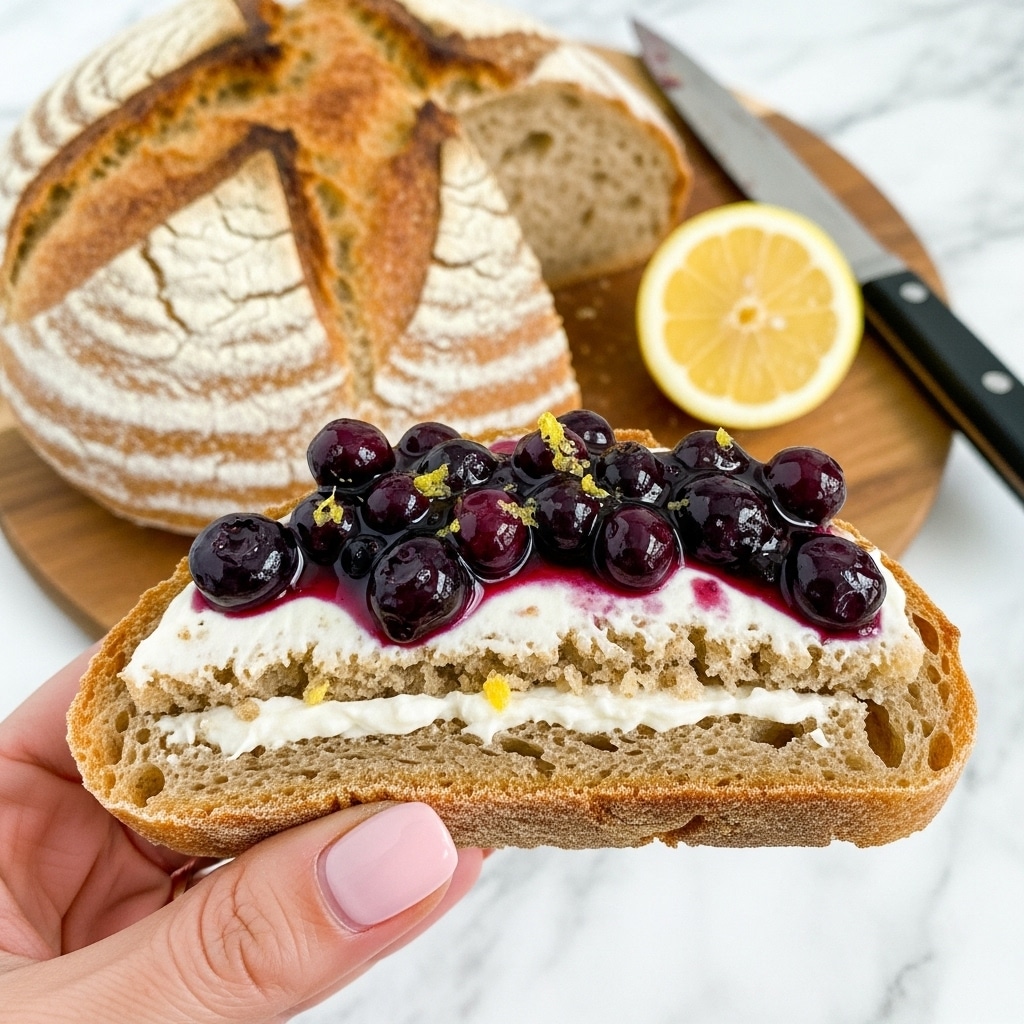 A close-up of a slice of crusty brown bread held by a woman's hand with light pink nail polish, featuring three visible layers: the base is a golden-brown crunchy crust, topped with a creamy white spread, and finished with a thick layer of dark purple, glossy blueberry compote, with small bits of lemon zest sprinkled on top. In the background, a whole round loaf of bread with a cracked pattern rests on a wooden board, alongside a halved bright yellow lemon and a knife with a black handle on a white marbled surface. photo taken with an iphone --ar 4:5 --v 7