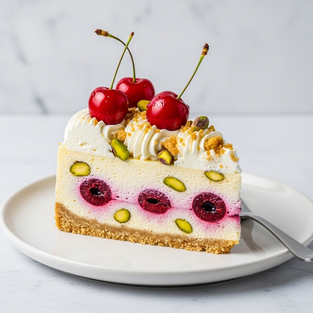A single slice of cheesecake sits on a white plate with a white marbled texture background. The cake has three visible layers: the bottom layer is a crumbly light brown crust, the middle layer is thick and creamy white cheesecake filled with green pistachios and dark red cherries, and the top layer is decorated with whipped cream, shiny red cherries with stems, bright green pistachios, and sprinkled crumbs. The cherries have a glossy texture, and the whipped cream looks soft and fluffy. A silver fork is placed near the plate. Photo taken with an iphone --ar 4:5 --v 7
