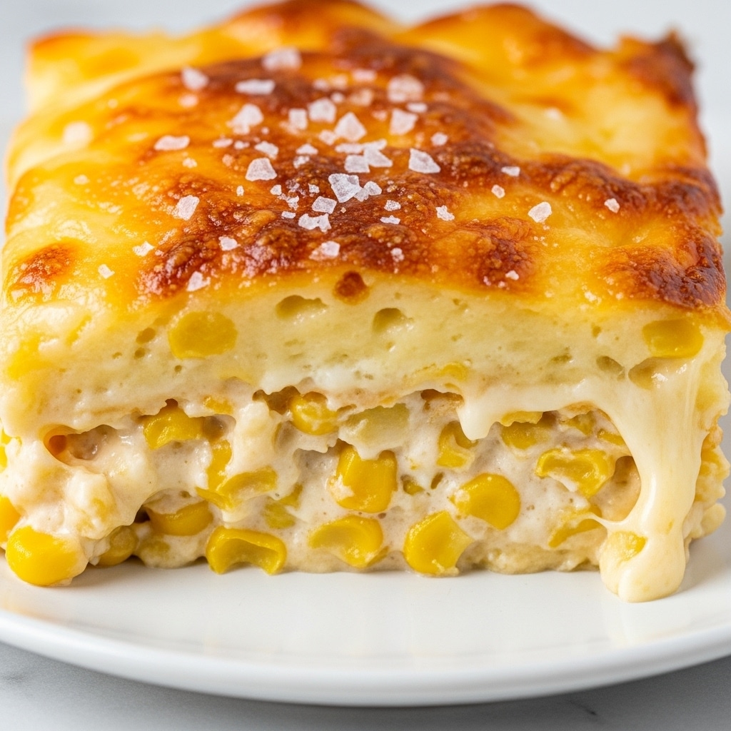 A close-up view of a baked cheesy corn casserole slice on a white plate with a white marbled texture underneath. The dish has multiple layers starting with a moist creamy base filled with tender corn kernels visible throughout. Above the base, there is a thick golden-yellow cheese layer, melted and bubbly with browned spots that are slightly crispy and textured. Coarse sea salt crystals are sprinkled across the top, adding a contrasting white sparkle. The edges show some creamy melting cheese oozing down slightly, and the overall texture looks rich, soft, and gooey with a browned crispy crust at the top. photo taken with an iphone --ar 4:5 --v 7