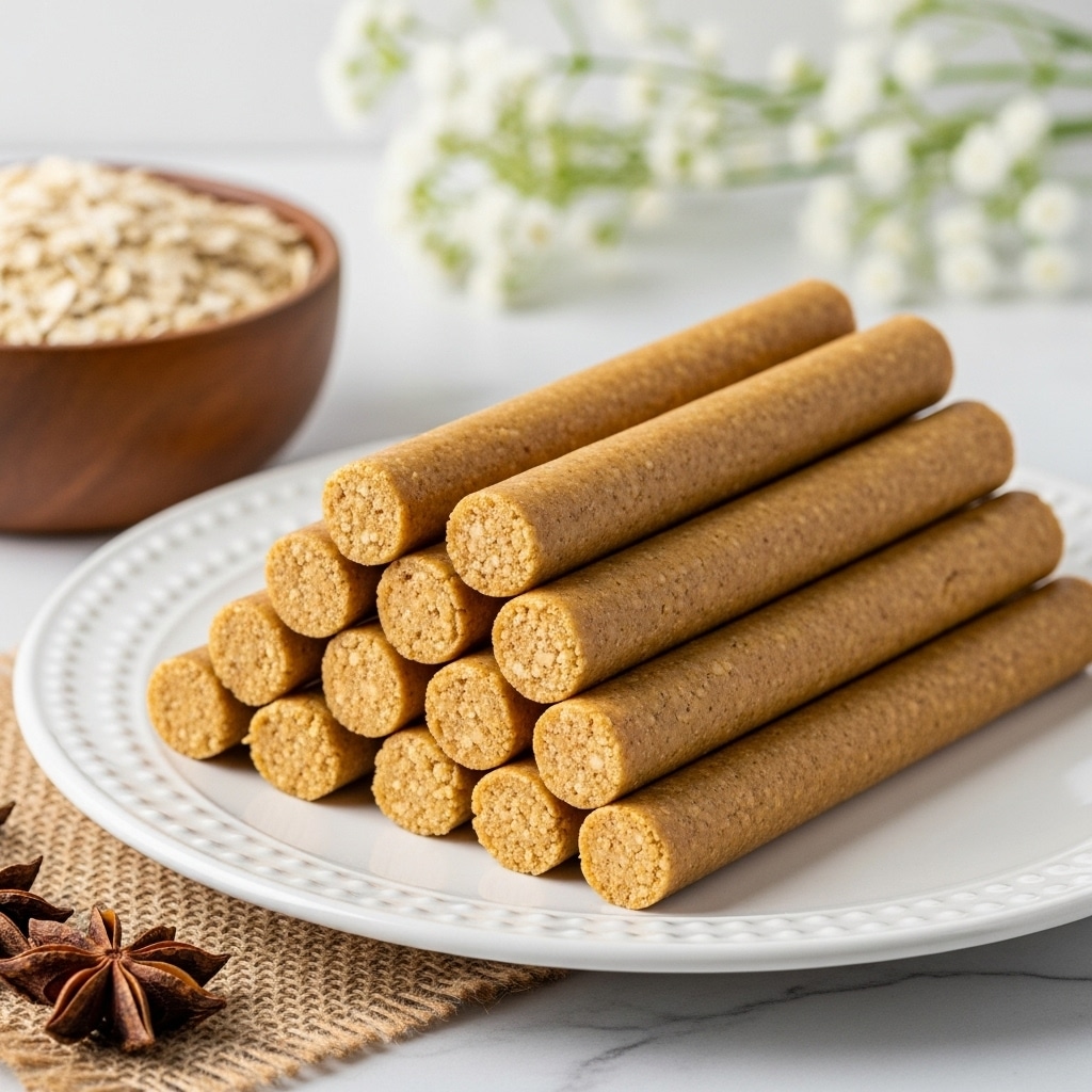 A pile of light brown, smooth-textured sticks, each about the same length and thickness, stacked neatly on a white plate with a textured rim. The sticks have slightly rounded edges and a subtle shine, with a crumbly inner texture visible at the ends. In the background, a wooden bowl filled with pale oats sits to the left, and delicate white flowers provide a soft, blurred backdrop. Star anise and a piece of burlap are visible near the bottom of the frame, all set against a white marbled surface. photo taken with an iphone --ar 4:5 --v 7