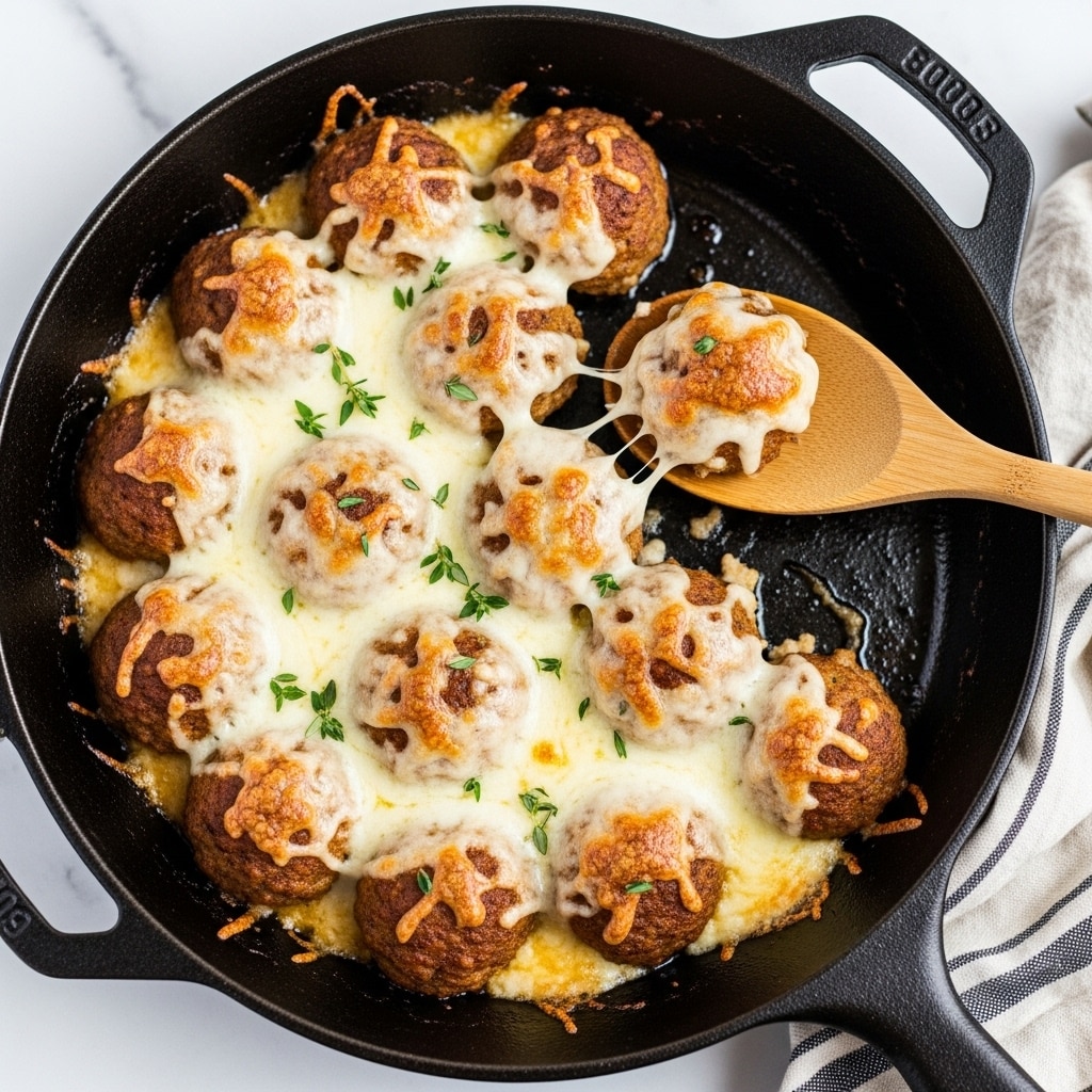 This image shows a black cast iron pan filled with melted cheese covering golden-brown meatballs. The cheese is creamy white with a slightly bubbly and browned texture in some spots. The meatballs underneath are round, browned, and slightly rough in texture, scattered evenly in the pan. Small green herb leaves, likely thyme, are sprinkled on top, adding some contrast. A wooden spoon, with a smooth light brown finish, is lifting one meatball from the pan. The pan is set on a white marbled surface, with a striped cloth partially visible nearby. photo taken with an iphone --ar 4:5 --v 7