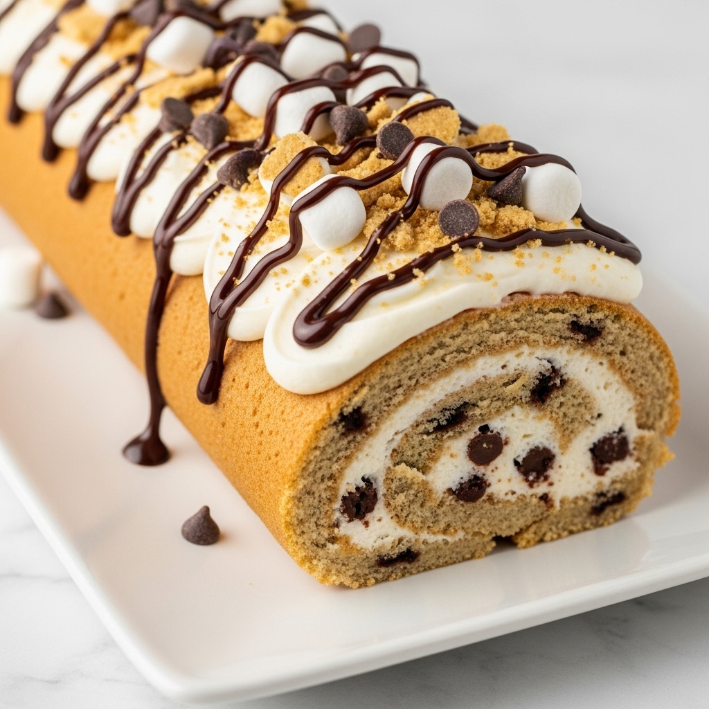 The image shows a close-up of a s'mores roll cake on a white plate. The cake has a light brown sponge outer layer rolled with a creamy white filling that contains small chocolate chips and dark toasted spots. On top, there is a smooth white frosting layer covered with a drizzle of dark chocolate syrup, mini white marshmallows, light brown crushed graham crackers, and small chocolate chips scattered all over. The plate rests on a white marbled surface. photo taken with an iphone --ar 4:5 --v 7