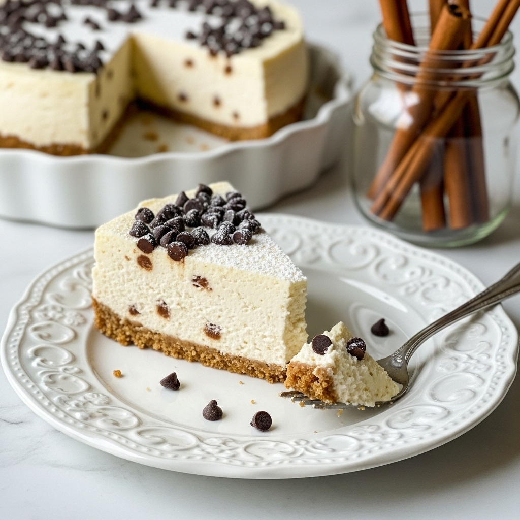 A slice of creamy white cheesecake with small brown specks sits on a white ornate plate with a crumbly golden brown crust at the bottom and edges. The cheesecake is topped with scattered small dark brown chocolate chips dusted lightly with powdered sugar. A silver fork holds a bite-sized piece of the cheesecake with chocolate chips on it, resting on the plate near the slice. In the background, part of the whole cheesecake on a white fluted dish and a glass jar filled with brown cinnamon sticks can be seen, all set on a white marbled surface with soft natural lighting. photo taken with an iphone --ar 4:5 --v 7