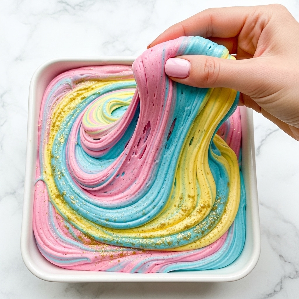 The image shows a white square baking pan filled with a swirled mixture of three bright colors: pink, blue, and yellow, creating a soft, fluffy texture. The colors are twisted gently together in thick layers, with streaks of shimmering golden glitter spread across the surface, adding sparkle. A woman's hand with light pink painted nails is lifting a portion of the swirled mixture, stretching it upwards and showing the smooth, airy consistency of the pastel layers. The background features a white marbled texture. photo taken with an iphone --ar 4:5 --v 7