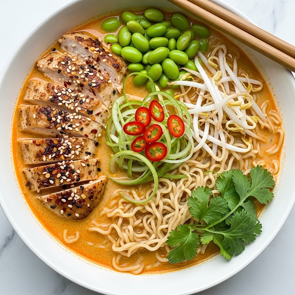 A white bowl filled with a rich, creamy orange broth as the base layer, with wavy light brown noodles submerged in the soup on the right side. On top of the noodles are bright green edamame beans clustered near the top, white bean sprouts with thin stems to their right, and fresh green cilantro leaves placed at the bottom right. On the left upper side, there are several slices of grilled chicken breast with a golden brown char, sprinkled with red chili flakes and small black sesame seeds. In the center, thinly sliced green onions with curled edges are scattered, topped with more red chili flakes. The bowl is placed on a white marbled surface, with wooden chopsticks resting near the back edge. photo taken with an iphone --ar 4:5 --v 7