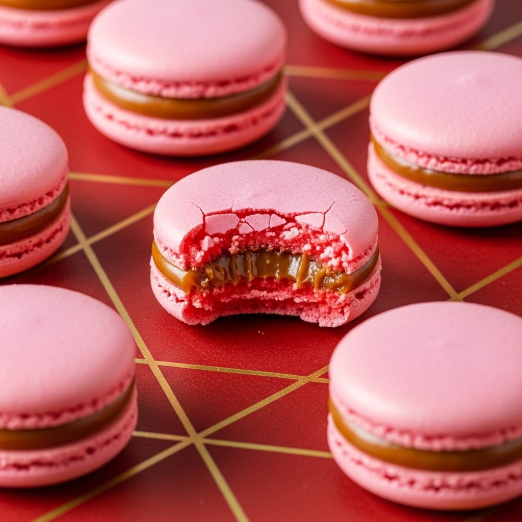 This image shows several pink macarons arranged on a red surface with thin golden lines crossing underneath. Each macaron has two smooth, round, pink outer shells with a slightly rough edge texture and a layer of creamy caramel-colored filling in the middle. The macaron in the center has a bite taken out of it, revealing the glossy, soft caramel filling inside and the delicate texture of the pink shells around it. The macarons are evenly spaced and the lighting highlights their smooth texture and rich colors. Photo taken with an iphone --ar 4:5 --v 7