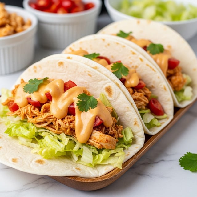 Three soft white tortillas on a wooden board each filled with three layers: shredded orange-brown cooked chicken mixed with red tomato pieces, light green shredded lettuce, and drizzled with creamy light orange sauce, garnished with green herbs on top. Around the board are white bowls with shredded light green lettuce, diced bright red tomatoes, and creamy white sauce. A wooden bowl with chopped green herbs and loose green herbs are scattered on the white marbled surface. The photo is taken from above with soft natural light and a clean look. photo taken with an iphone --ar 4:5 --v 7