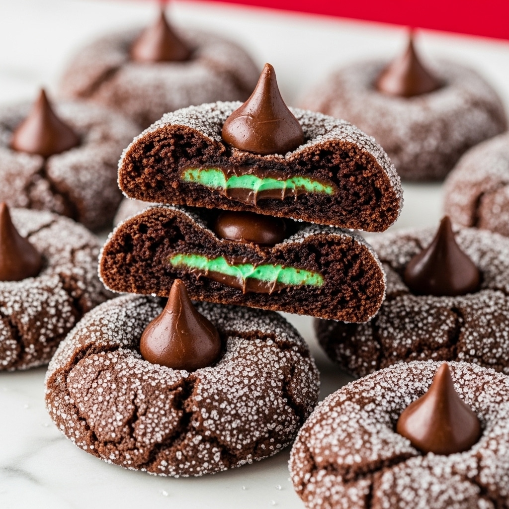 The image shows a close-up of several round chocolate cookies covered with sugar crystals, each topped with a shiny, dark chocolate kiss in the center. One cookie is broken in half and placed on top, revealing its soft, chewy texture and a smooth dark chocolate filling with a bright green mint cream center inside. The cookies have a cracked surface, showing their fresh baked state, and are stacked on a white marbled surface with a blurred red background. photo taken with an iphone --ar 4:5 --v 7