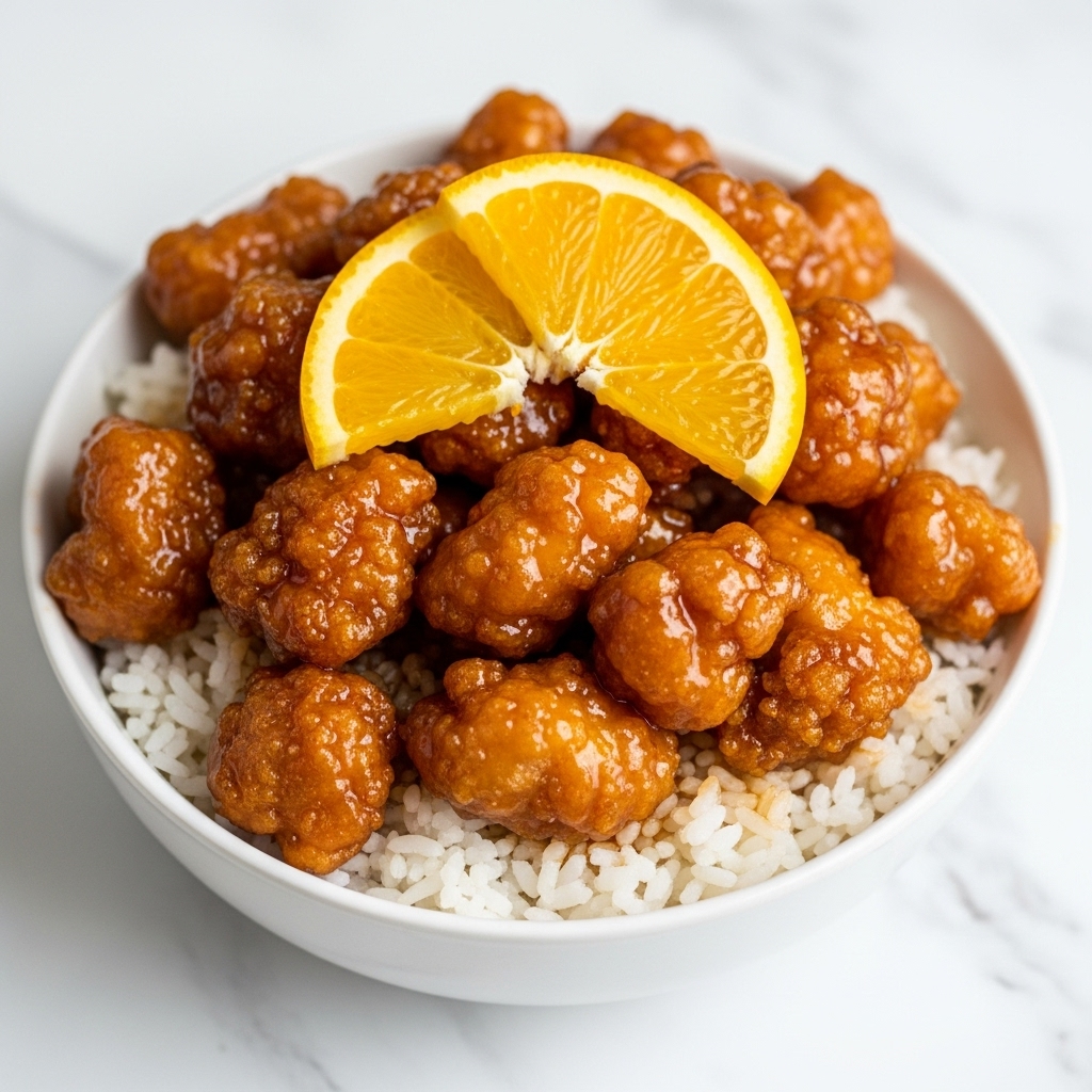 A white bowl filled with a base layer of soft white rice, topped with a thick layer of golden-brown crispy fried chicken pieces coated in a shiny, sticky orange glaze, creating a glossy texture. On top of the chicken, there are two bright orange slices placed for garnish, adding a fresh citrus contrast to the rich sauce. The bowl sits on a white marbled surface. photo taken with an iphone --ar 4:5 --v 7