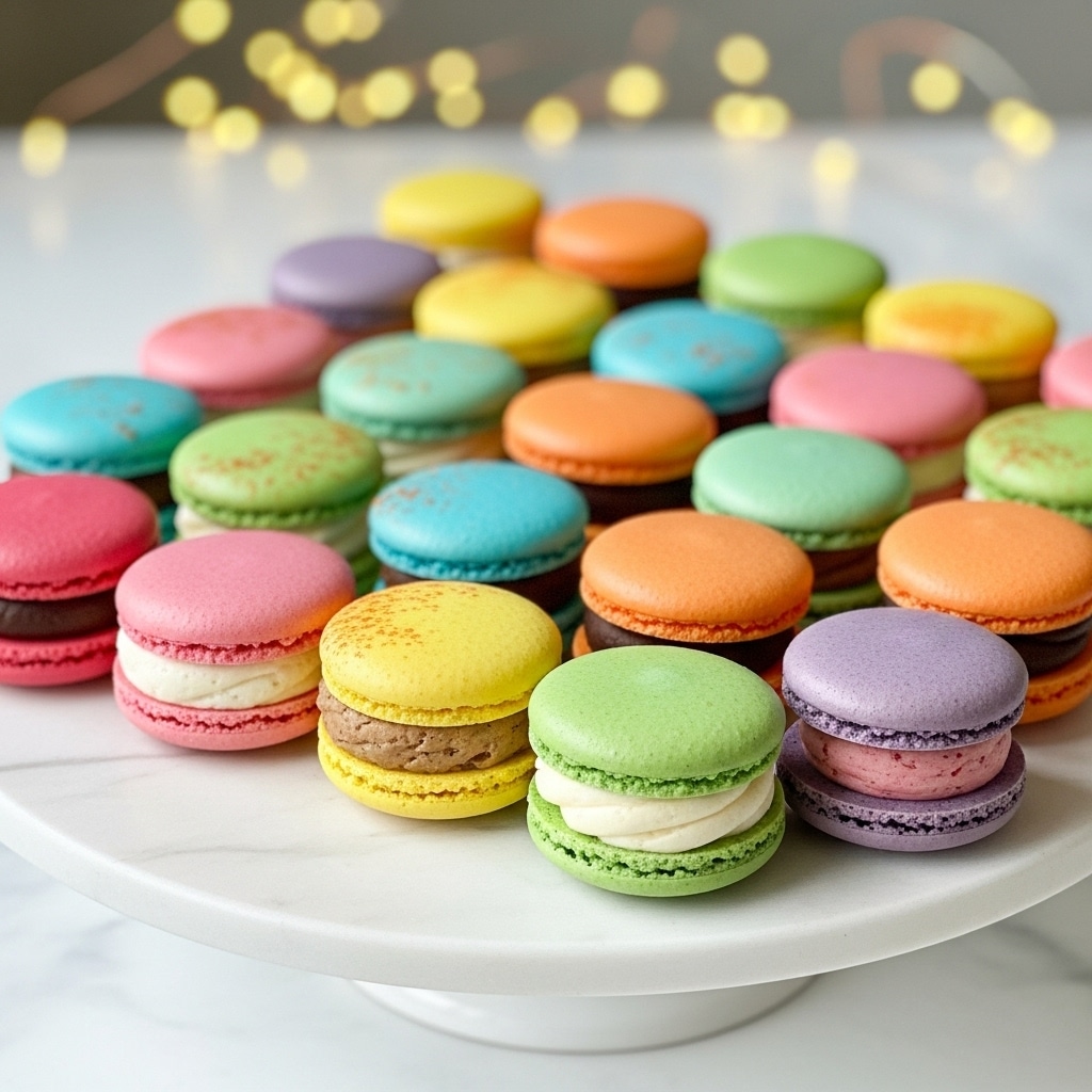 A white cake stand holds many colorful macarons arranged in rows on a white marbled surface. Each macaron has two smooth, round shells with a slightly shiny texture in pastel colors including pink, blue, green, yellow, orange, and purple. The shells sandwich a creamy layer of filling that varies in texture from smooth to slightly ridged and has colors like white, light brown, and pale pink. In the background, there are soft bokeh lights creating a warm, festive feel. Photo taken with an iphone --ar 4:5 --v 7