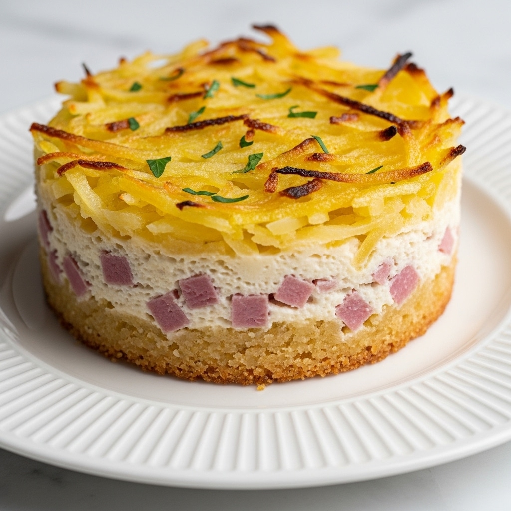 A close-up view of a round slice of baked dish on a white plate with ridged edges, showing three distinct layers: a bottom layer of golden-brown crispy crust, a thick middle layer of creamy mixture with chunks of pinkish ham, and a top layer of shredded potatoes baked to a golden color with some browned, crispy edges and small green herb pieces scattered on top, all placed on a white marbled surface. photo taken with an iphone --ar 4:5 --v 7
