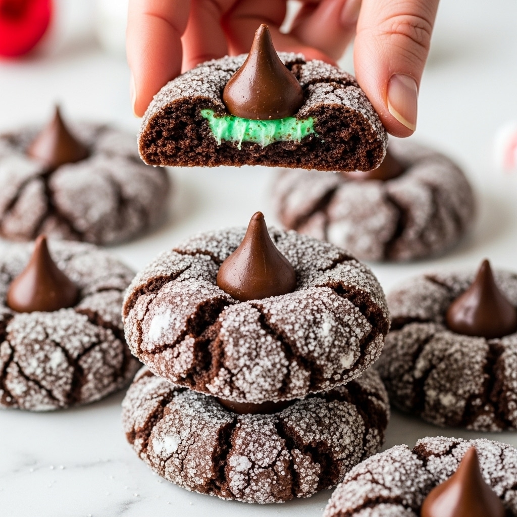 The image shows a close-up of several chocolate crinkle cookies covered in granulated sugar, stacked on top of each other on a white marbled surface. Each cookie has a soft and cracked texture, with a shiny, dark chocolate kiss placed in the center. One cookie is broken and held above the others by a woman's hand, showing a green mint filling inside the glossy chocolate kiss. The background is blurred with hints of red color. photo taken with an iphone --ar 4:5 --v 7