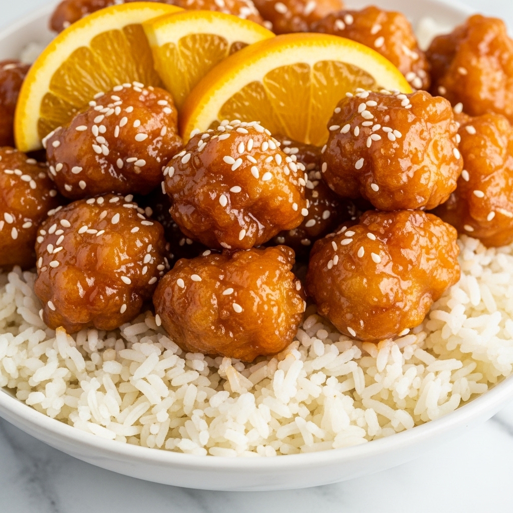 The image shows a close-up of a dish with three main layers. The bottom layer is white rice with a soft texture and slightly sticky grains filling the base. The middle layer consists of crispy, golden-brown fried chicken pieces coated in a thick, shiny orange sauce that looks sticky and glossy. Small white sesame seeds are sprinkled on the chicken for extra texture and color contrast. The top layer features a few slices of bright orange wedges placed among the chicken pieces, adding a fresh and juicy look. The whole dish is served in a white bowl, placed on a white marbled textured surface. Photo taken with an iphone --ar 4:5 --v 7