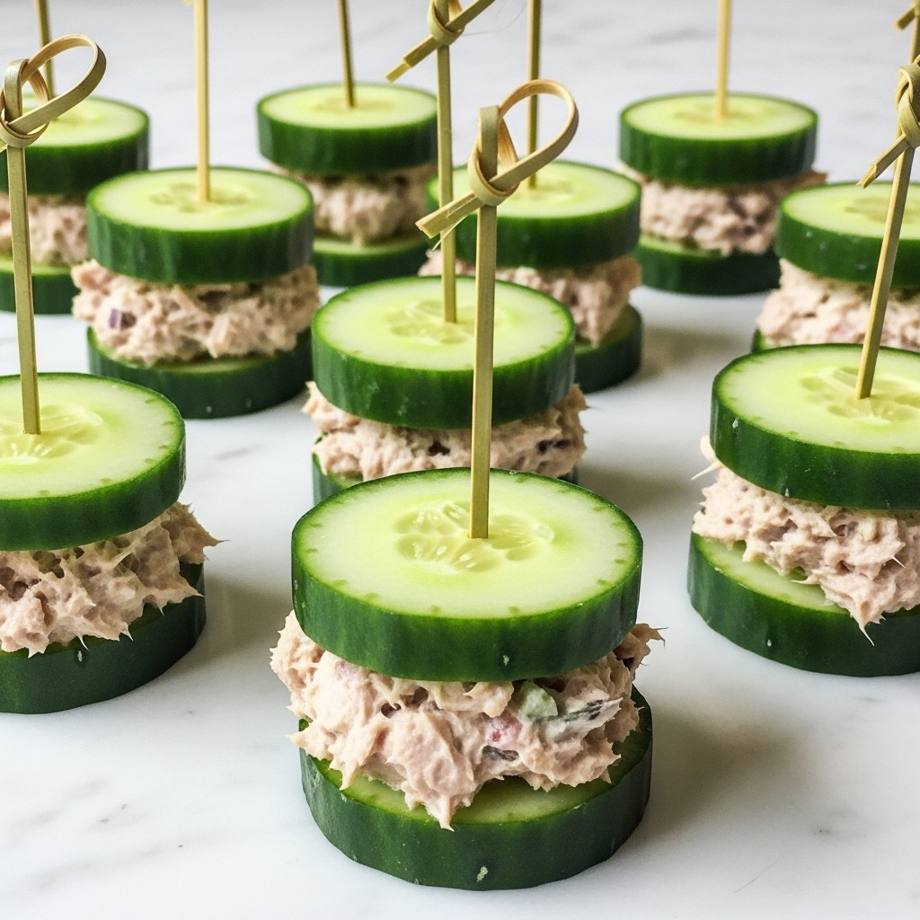 This image shows multiple small snacks made with two thick slices of bright green cucumber with dark green edges, sandwiching a creamy, light beige tuna salad filling with small bits of darker ingredients mixed in. Each snack is held together by a thin wooden skewer stuck through the center, standing upright. The snacks are arranged on a white marbled surface, giving a fresh and clean look. photo taken with an iphone --ar 4:5 --v 7