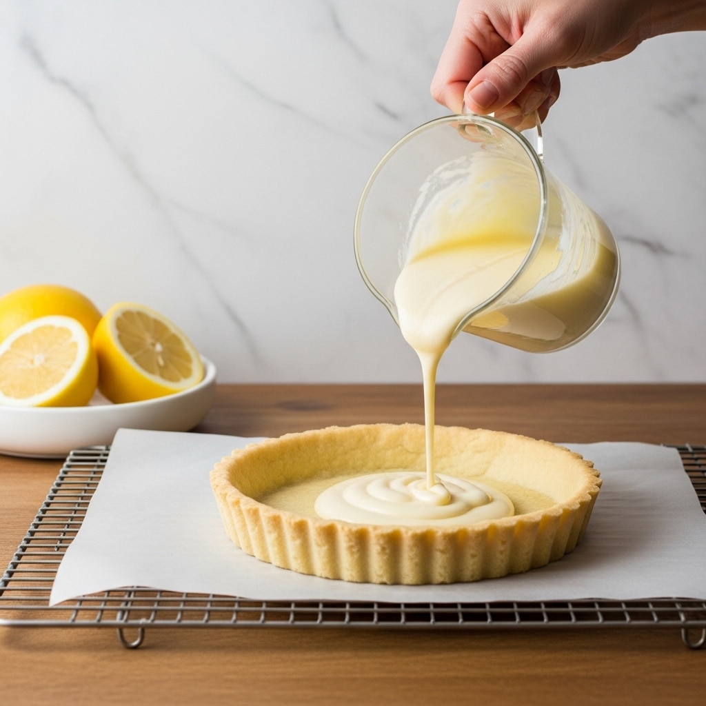 A woman’s hand is pouring thick, pale yellow lemon cream from a clear glass jug into an empty tart shell with a light golden crust and fluted edges sitting on white parchment paper over a cooling rack on a wooden table. In the background to the left, two yellow lemons, one whole and one cut in half, rest on a white bowl with a white marbled texture background. The overall scene is bright and clean with soft natural lighting. Photo taken with an iphone --ar 4:5 --v 7