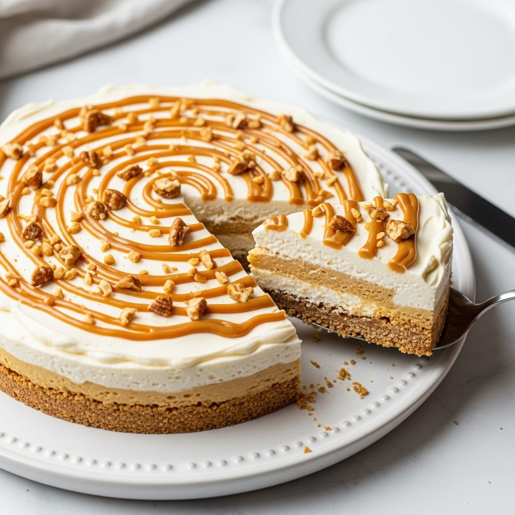 A round dessert with three visible layers sits on a white plate with a slightly raised edge. The bottom layer is crumbly and light brown, resembling a crunchy biscuit crust. The middle layer is thick and creamy white, spread evenly on top of the crust. The top layer is a smooth white cream, generously drizzled with light brown caramel sauce in a loose pattern, and sprinkled with chopped nuts and small crunchy pieces. A slice is being lifted with a spoon from the edge of the plate, showing the layered texture inside. The plate is on a white marbled surface, with a white plate and a knife nearby. Photo taken with an iphone --ar 4:5 --v 7