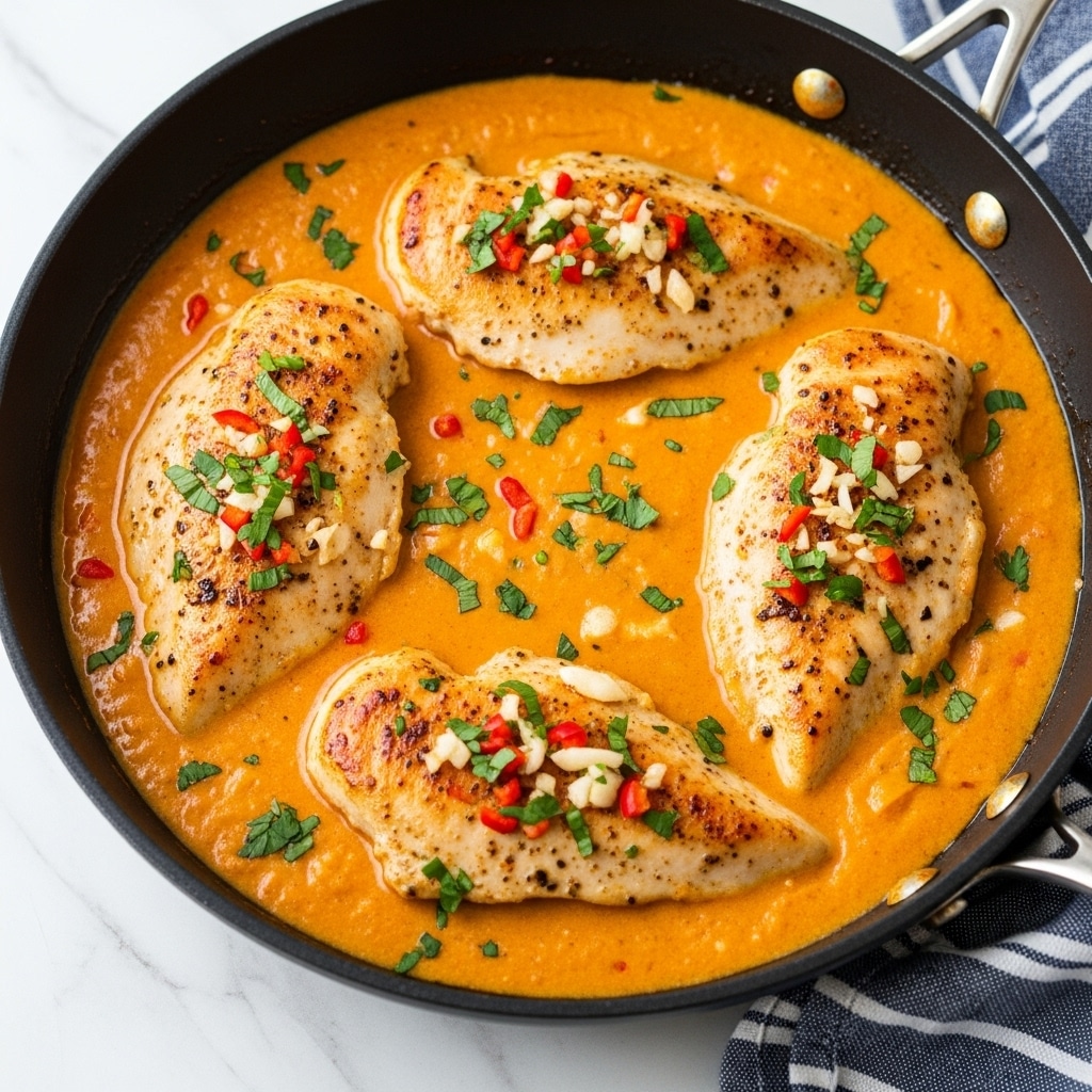 A close-up view of a black skillet filled with four pieces of cooked chicken breast in a rich, creamy orange sauce with a smooth texture. The chicken breasts are light golden-brown with some seasoning and small bits of red and white, likely garlic and peppers, scattered on top. Fresh green chopped herbs are sprinkled over the chicken and sauce, adding a bright contrast. The skillet is placed on a white marbled surface with a blue and white striped cloth nearby. photo taken with an iphone --ar 4:5 --v 7