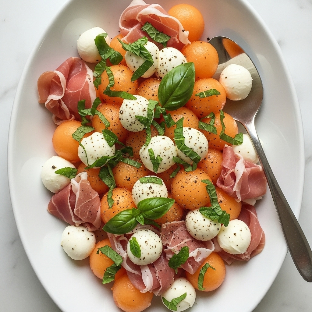A white oval plate holds a fresh and colorful salad with about three layers: the base layer has round, orange cantaloupe melon balls, smooth and glossy, filling the plate mostly in the center; the second layer features small, round white mozzarella balls scattered evenly on top and around the melon; thin, folded slices of light pink prosciutto are placed around and partially under the melon and mozzarella, adding a soft texture; sprinkled on top and mixed in are fresh green mint leaves and basil, chopped finely, adding a fresh color contrast; black pepper is lightly dusted over the mixture, giving texture on the melon and cheese; a shiny silver spoon rests inside the plate to the right; the whole plate is set on a white marbled surface with soft natural lighting highlighting the freshness of the ingredients. photo taken with an iphone --ar 4:5 --v 7