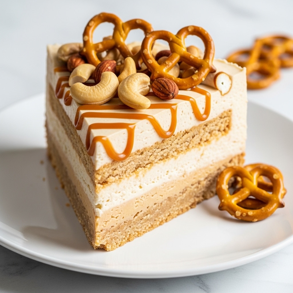 A thick slice of creamy dessert is placed on a white plate, featuring three layers: a light beige base, a thick pale cream middle, and a smooth pale topping. The top layer is decorated with golden-brown pretzel pieces standing upright, whole and broken light-colored cashew nuts, and drizzled caramel sauce that adds glossy lines across the surface. The textures vary from smooth cream to crunchy nuts and pretzels. The plate sits on a white marbled texture, with another pretzel piece beside the slice. Photo taken with an iphone --ar 4:5 --v 7