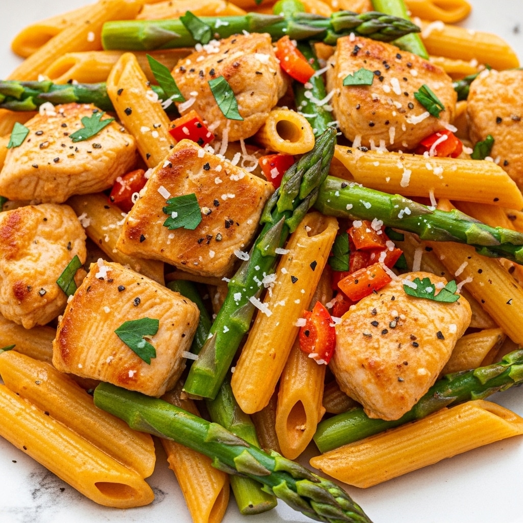 The image shows a close-up view of a bowl filled with creamy pasta. The pasta is penne shaped, cooked to a soft texture with a light orange creamy sauce coating each piece. Mixed with the pasta are bright green asparagus pieces cut into small sections, green peas, and chunks of cooked chicken breasts that have a slightly browned and spiced surface. Small bits of red bell pepper and chopped green herbs are scattered throughout, adding pops of color. A light dusting of grated cheese and black pepper sprinkles the dish evenly. The bowl is white and placed on a white marbled surface. photo taken with an iphone --ar 4:5 --v 7