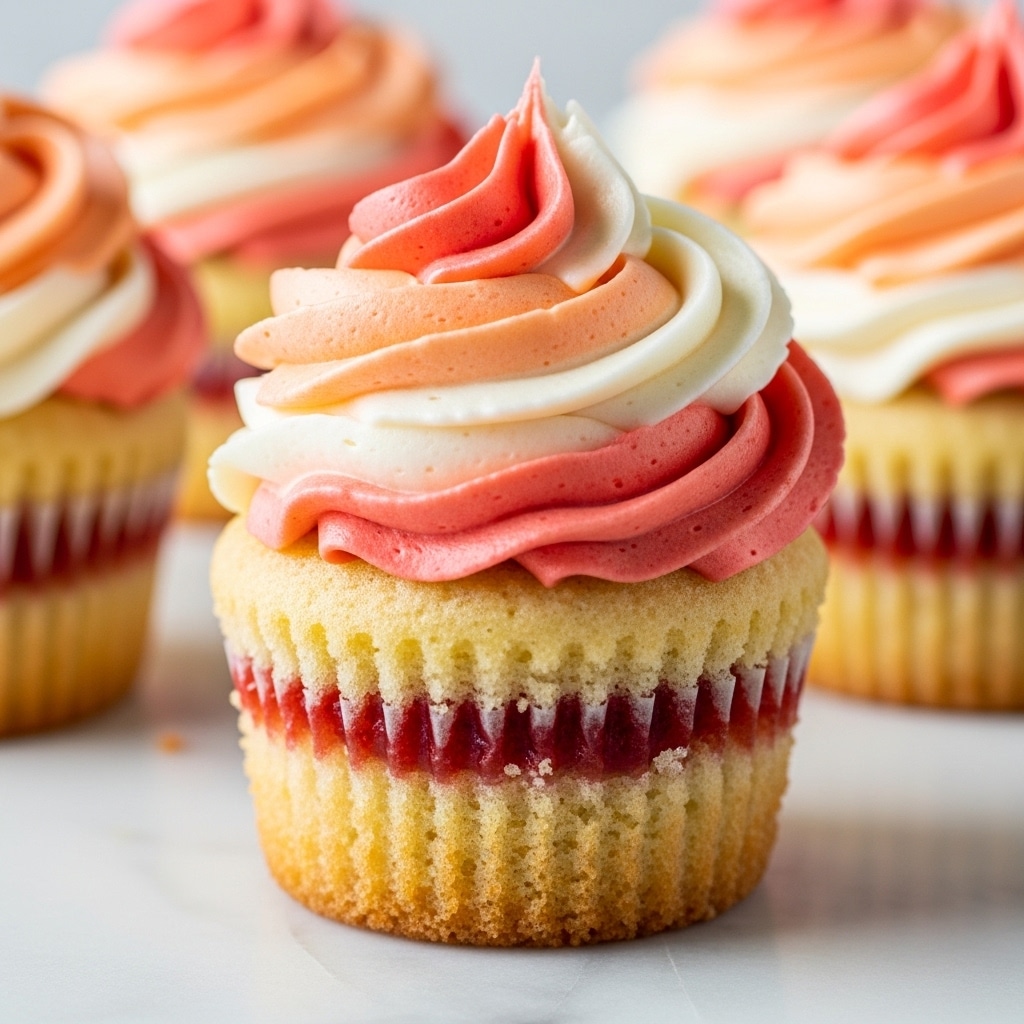 A close-up view of a cupcake with three layers visible: the base is a light golden sponge cake, the middle layer shows a red jam filling peeking through the cake, and the top layer is a swirl of creamy frosting in a gradient of white, pale orange, and bright coral colors, with smooth, soft, and slightly glossy texture formed into a rose shape. In the blurred background, two more cupcakes with the same frosting swirl can be seen. The cupcake is placed on a white marbled surface. photo taken with an iphone --ar 4:5 --v 7