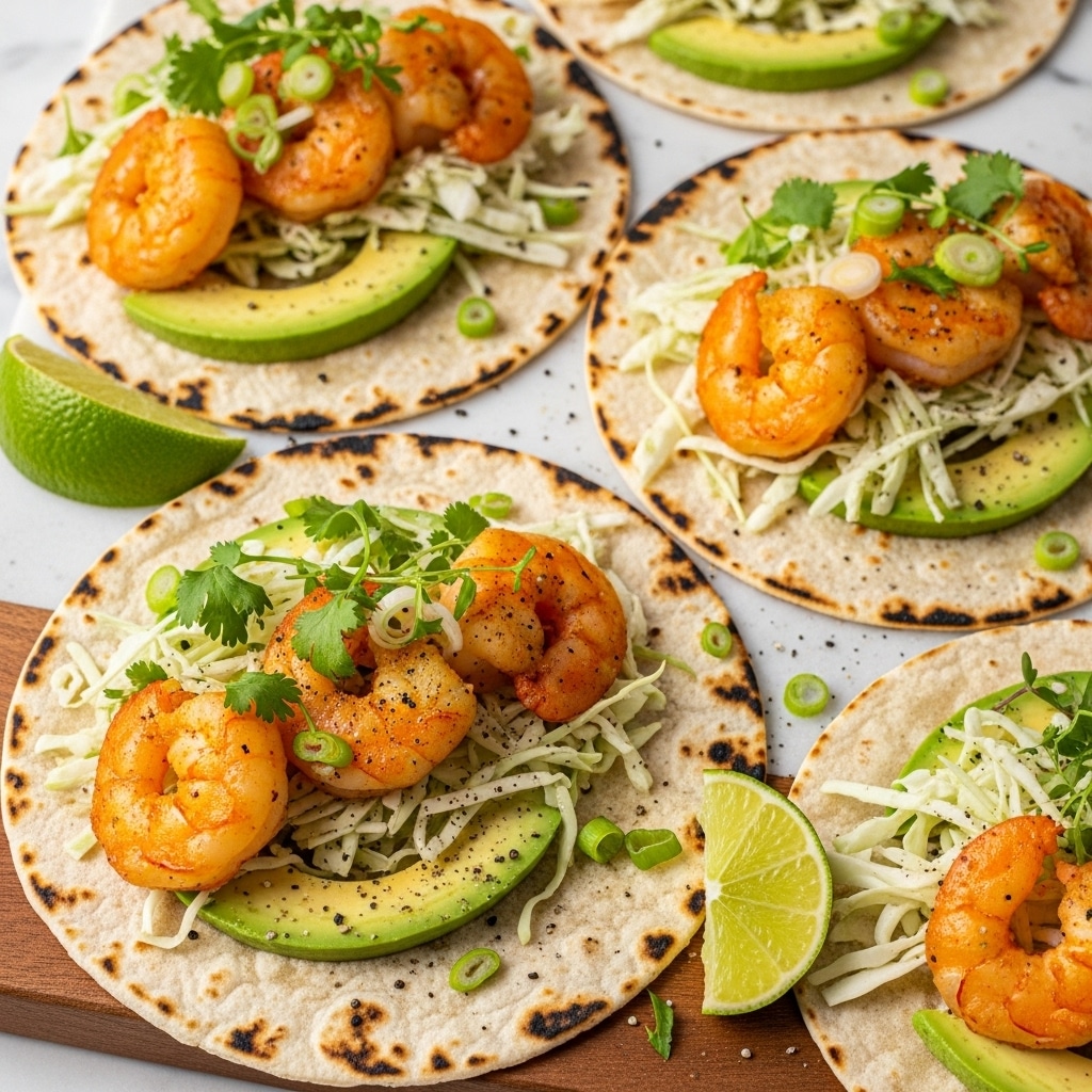 This image shows several shrimp tacos placed on a lightly charred white tortilla, each taco layered with slices of fresh green avocado on the bottom left, followed by three pieces of golden-orange fried shrimp arranged across the center. On top of the shrimp is a layer of shredded white cabbage mixed with small green herbs. The tacos are garnished with sliced green onions and sprinkled with black pepper and finely chopped cilantro. A half lime with a bite taken out rests on a wooden board beneath the tacos, all set on a white marbled surface. photo taken with an iphone --ar 4:5 --v 7