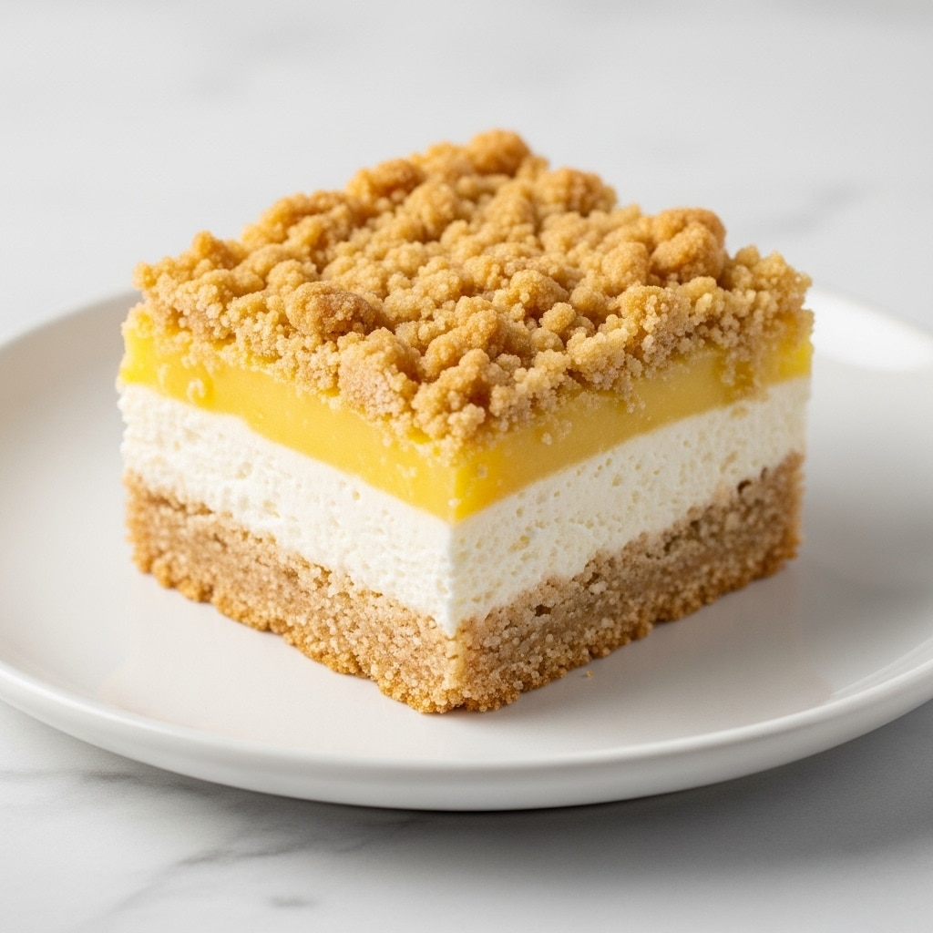 A square piece of dessert sits on a round white plate, placed on a white marbled surface. The dessert has three clear layers: the bottom layer is a light brown, crumbly crust; the middle layer is a smooth, creamy white filling; on top of that is a bright yellow, glossy layer of lemon filling; and the topmost layer is a rough, golden crumb topping with small crumb clumps and toasted spots. The dessert looks moist and soft inside, with the crumb topping adding a crunchy texture. Photo taken with an iphone --ar 4:5 --v 7
