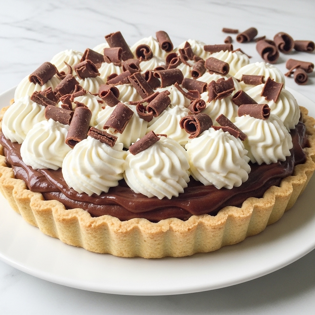 A slice of cream pie resting on a white plate with a textured rim over a white marbled surface. The pie has three distinct layers: a golden flaky crust at the bottom and around the edges, a thick middle layer of smooth, dark chocolate filling, and a generous top layer of bright white whipped cream with soft, fluffy swirls. Scattered over the whipped cream are several curled dark chocolate shavings. A silver fork lies next to the pie slice with a little bit of chocolate filling on the plate near the tip. Photo taken with an iphone --ar 4:5 --v 7