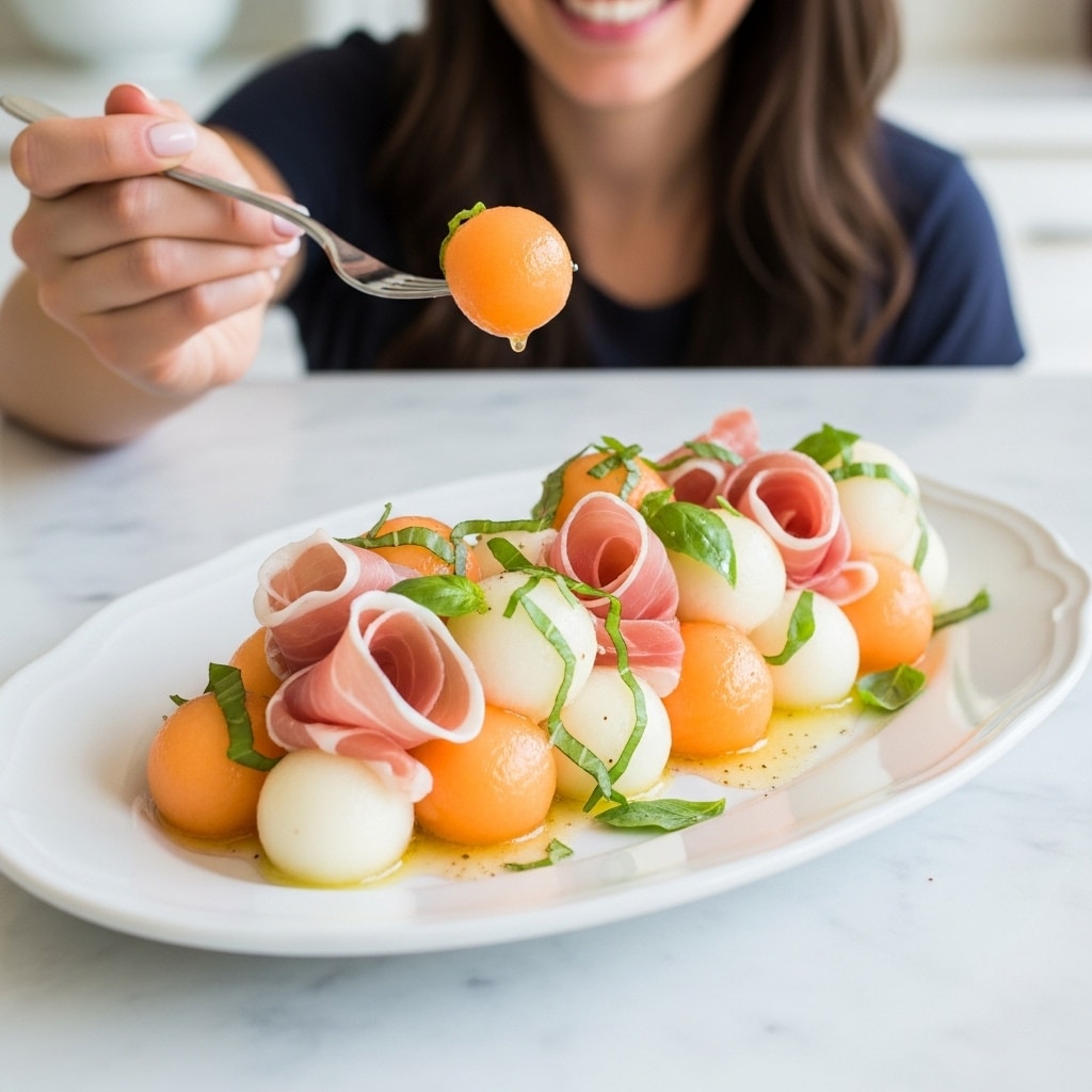 The dish is served on a white oval plate placed on a white marbled surface. On the plate, there are smooth, round balls of orange cantaloupe and smaller white melon balls mixed together, loosely scattered in layers. Among the melon balls, there are thin curls of light pink prosciutto, gently folded and resting on and between the melon balls. Green fresh herb leaves, likely basil, are sprinkled over the top, adding a touch of bright green color. A light dressing with a glossy texture pools slightly at the bottom, coating some of the melon and prosciutto. A woman's hand is holding a fork with one melon ball on it above the plate, and in the background, there is a smiling person slightly blurred. The scene captures a fresh and light feeling. photo taken with an iphone --ar 4:5 --v 7