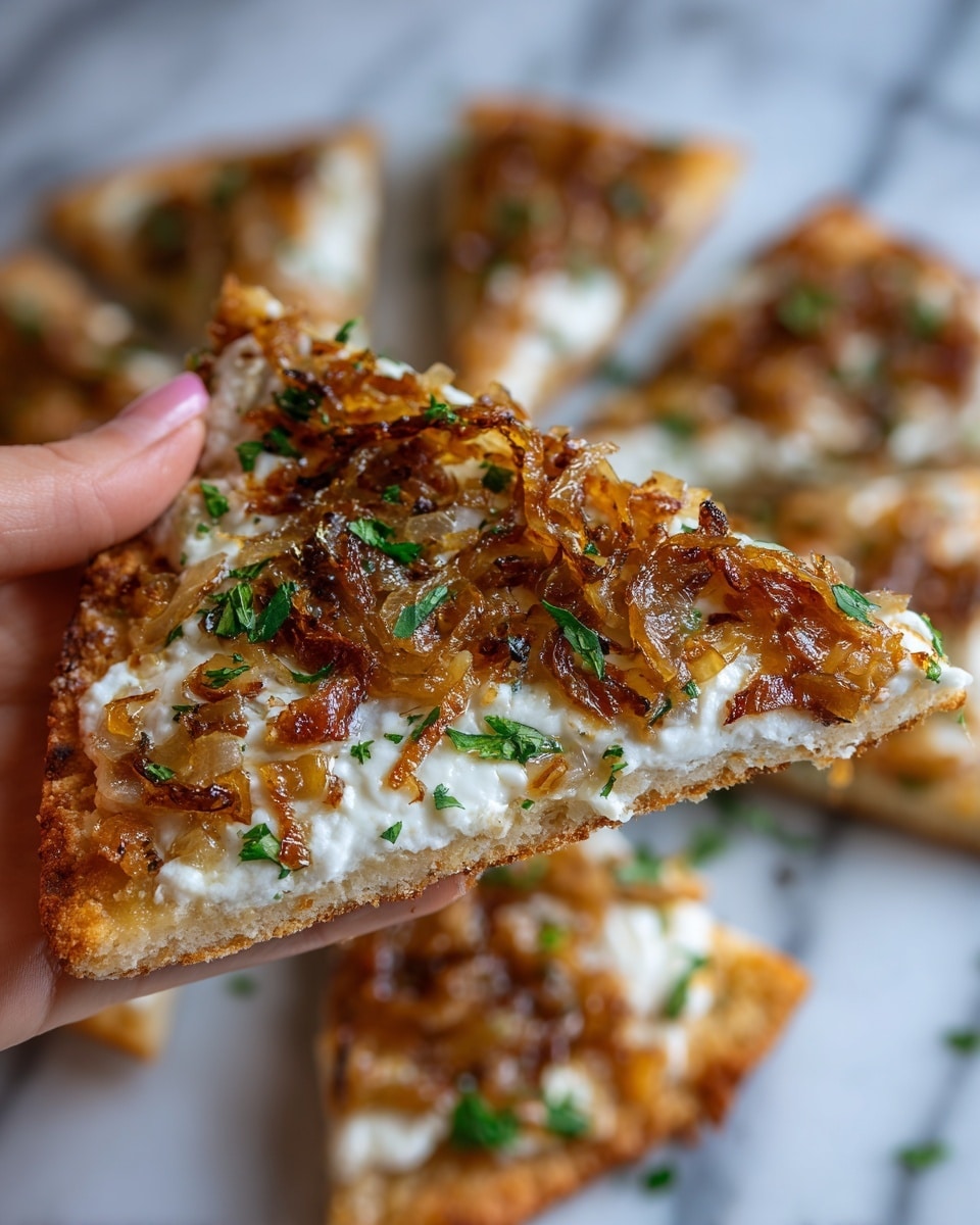 A close-up image of a slice of flatbread pizza held by a woman's hand, showing a crispy, golden-brown crust as the base layer. Above the crust is a melted white cheese layer with a creamy texture, topped with caramelized golden-brown onions spread evenly, mixed with small bits of green herbs scattered on the surface. In the background, more pieces of flatbread pizza with the same toppings are visible, all resting on a white marbled texture. Photo taken with an iphone --ar 4:5 --v 7