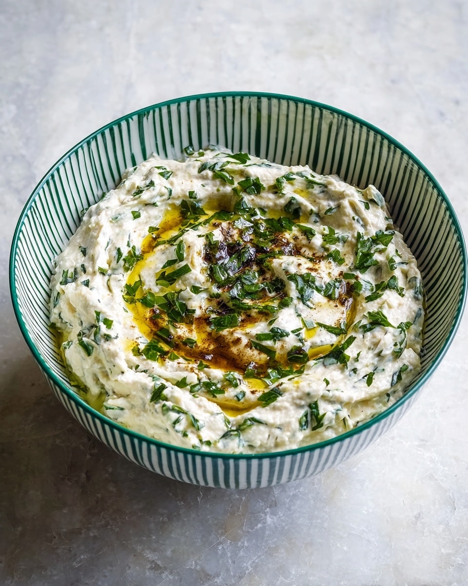 A deep white bowl with green vertical stripes holds a creamy, thick dip that fills it almost to the top. The dip is pale off-white mixed with small green herb pieces evenly spread throughout, giving it a textured look. On top, there is a swirl of golden olive oil with a darker brown sauce or spice blend forming a small patch in the center, garnished with fresh chopped green herbs. The bowl sits on a white marbled surface. photo taken with an iphone --ar 4:5 --v 7