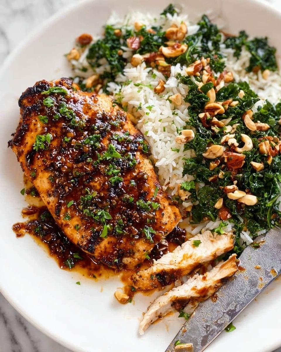 The image shows a close-up of cooked white rice mixed with bright green kale leaves and small pieces of chopped nuts scattered throughout. The rice looks fluffy and soft, while the kale appears fresh and slightly wilted, adding texture contrast. There is a light yellow swirl of melted butter or sauce near the center, and a wooden spoon is partially visible in the upper right, lifting some of the rice and kale mixture. The background surface is a white marbled texture. photo taken with an iphone --ar 4:5 --v 7